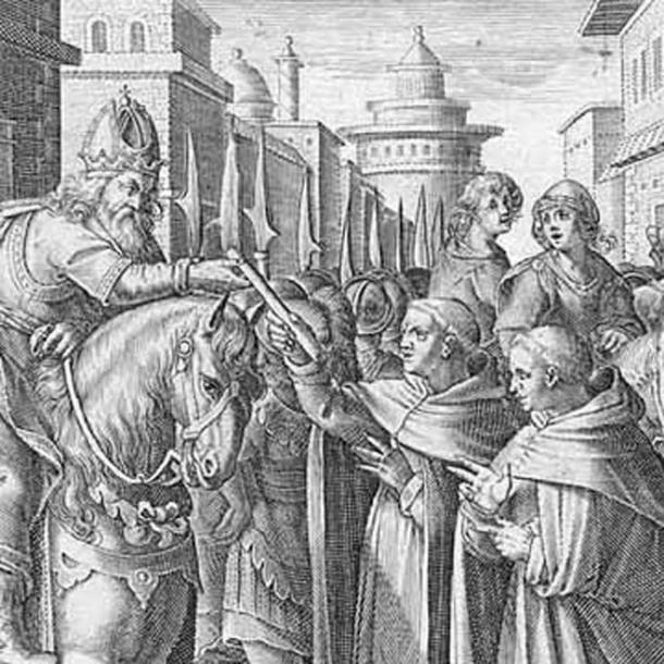 The monks sent by Justinian give the silkworms to the emperor.