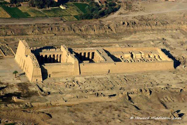 The imposing mortuary temple of Ramesses III at Medinet Habu. This place functioned as a workshop for rewrapping many royal mummies during the official ‘restoration’ project. The image was shot by the photographer during an aerial survey of the West Bank in 2010.