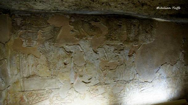 The famous “mourning scene” in the communal Royal Tomb at Amarna (TA 26B - Chamber gamma) shows Akhenaten and Nefertiti grieving the death of Princess Meketaten. This is an incomparable representation—not seen before or since in Egyptian art—involving a Pharaoh and his family. In a register nearby, a nurse cradles a baby, thought to be Tutankhaten.
