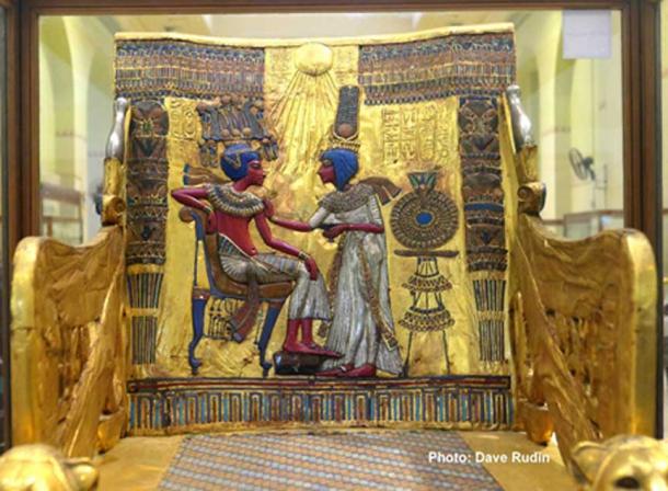 This much-altered ornate Golden Throne, an Amarna era relic, shows Tutankhamun and Ankhesenamun under the rays of the Aten sun disc. Howard Carter said it was “the most beautiful thing that has ever been found in Egypt”. The object bears the name of the boy-king in the earlier Aten form (Tutankhaten) on the right outer arm. Egyptian Museum, Cairo.