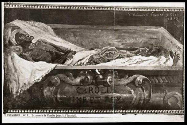 El cuerpo momificado del emperador Carlos V en El Escorial. Fotografía de un cuadro de V. Palmaroli y González. (Colección de bienvenida/CC BY 4.0)