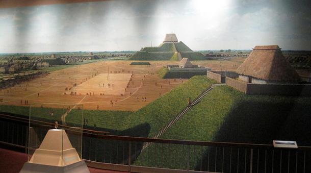 A mural depicting the ancient city of Cahokia. 