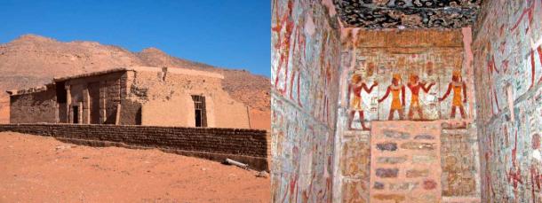 The Temple of Amada is the oldest temple in Nubia, built during the 18th Egyptian dynasty. The temple, left, includes well-preserved wall murals in a small side chamber that shows the king making offerings to Amun-Ra, right. (Left: Carole Raddato / CC BY SA 2.0; Right: Dennis Jarvis / CC BY SA 2.0)