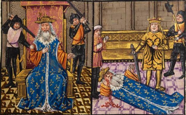 Late 15th Century depiction of the murder of Darius by his generals; Alexander at the side of the dying king. 