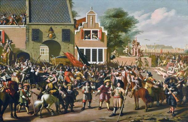 El asesinato de Johan de Witt y su hermano representado por Pieter Fris. Fuente: dominio público