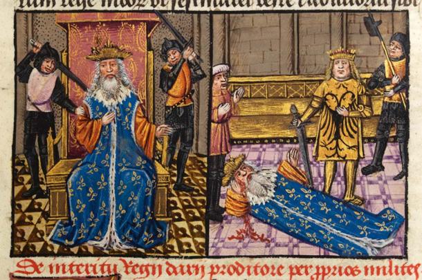 The murder of Darius by his own generals; Alexander at the side of the dying king (f. 59) (National Library of Wales/CC0)