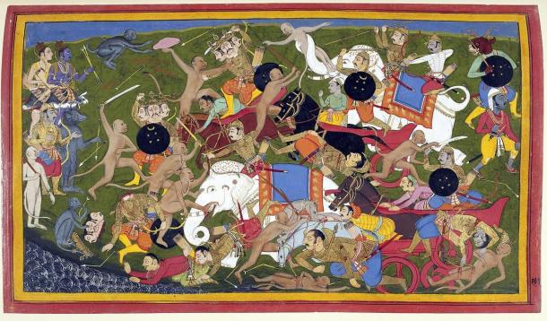 A painting of a mythical battle involving monkeys and elephant between the Hindu man-god Rama and the King of Lanka; both monkeys and elephants have been used in actual warfare.