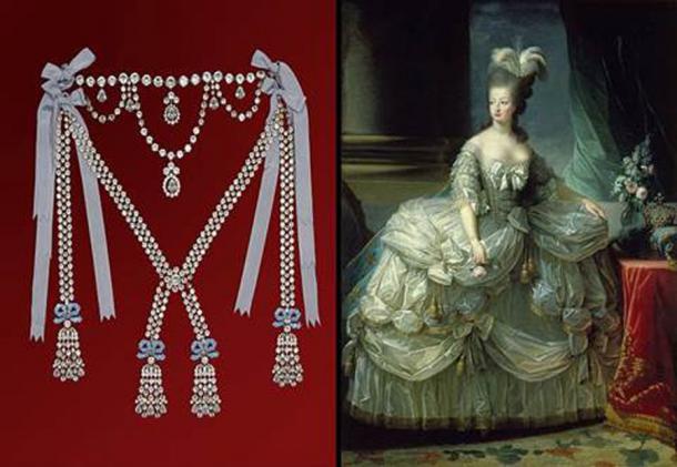Replica of the necklace and portrait of Marie Antionette (Château de Breteuil / CC BY-SA 3.0)
