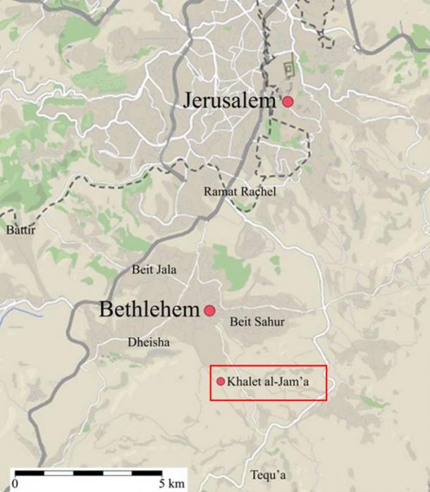 A map of the area where the ancient burial ground was found on a hillside. The Khalet al-Jam'a necropolis is located just to the south of Bethlehem.