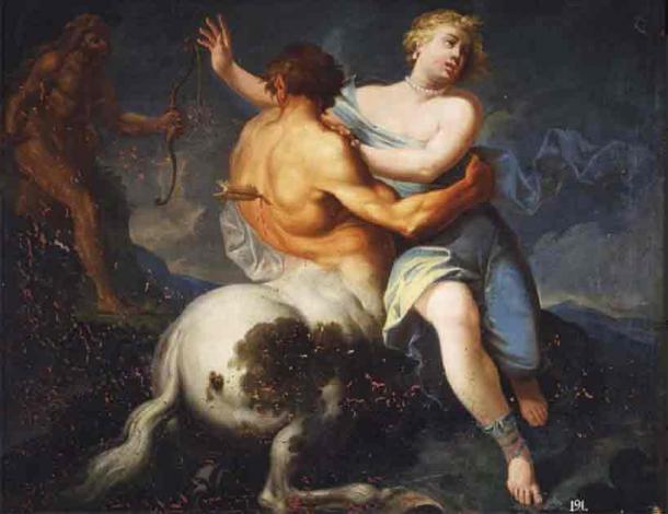 Nessus attempting to take Dejanira from Hercules: Nessus restrains Dejanira on his back while striding to the right, Hercules draws his arrow at left, from the series 'The Labors of Hercules' (Public Domain)