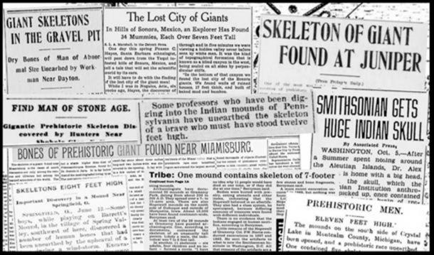 A selection of newspaper clippings reporting on discoveries of giant skeletons. Credit: Hugh Newman