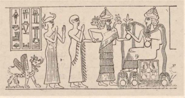 Ningishzida (middle figure) bringing Adapa of Eridu to Anu (on throne at right) (Public Domain)