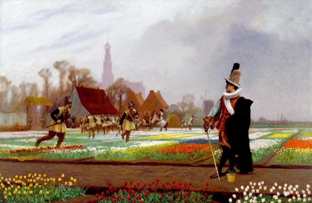 The Tulip Folly, by Jean-Léon Gérôme, 1882. A nobleman guards an exceptional bloom as soldiers trample flowerbeds in a vain attempt to stabilize the tulipmania market by limiting the supply. (Jean-Léon Gérôme / Public domain)