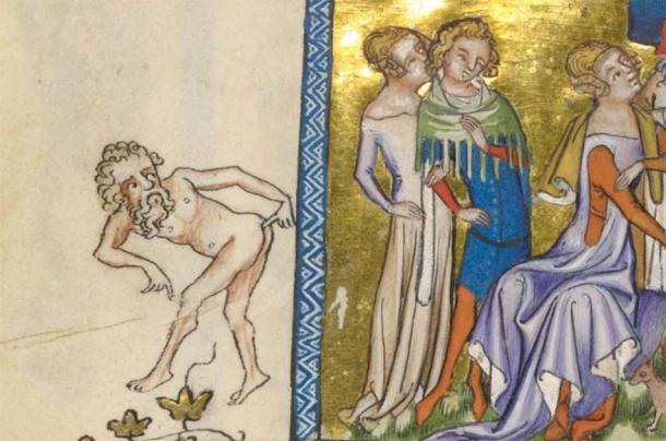  A nude man with his finger in his behind distracts from the more serious illustration of some noble men and women playing chess. ‘Les voeux du paon’. Northern France or Belgium, ca. 1350 AD MS G.24 fol. 25v