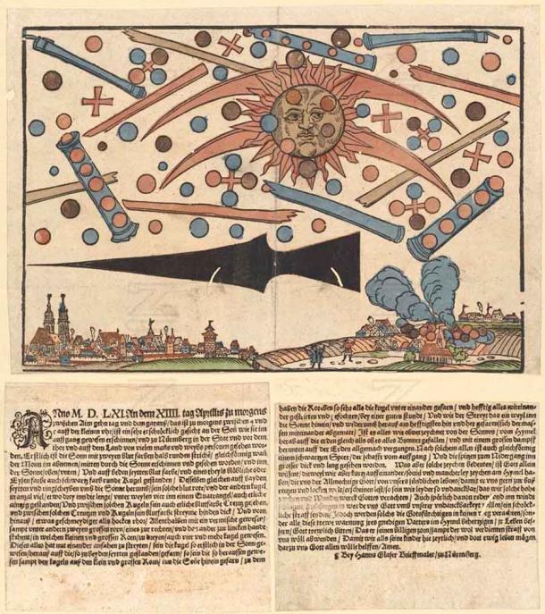 The celestial phenomenon over the German city of Nuremberg on April 14, 1561, as printed in an illustrated news notice in the same month. (Public Domain)