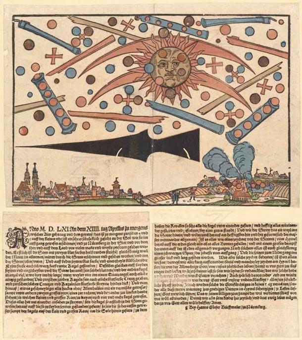 Το ουράνιο φαινόμενο πάνω από τη γερμανική πόλη της Νυρεμβέργης στις 14 Απριλίου 1561, όπως τυπώθηκε σε μια εικονογραφημένη ανακοίνωση ειδήσεων τον ίδιο μήνα. (Δημόσιος τομέας)
