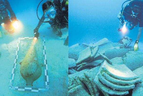 Underwater archaeologists examine objects found around the wreck.