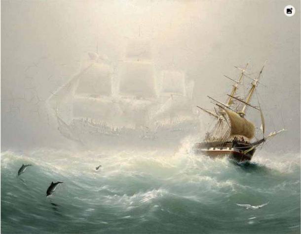 في تقاليد المحيط ، يعمل مشهد هذه السفينة الوهمية كعلامة على الهلاك.  تقول الأسطورة أن الطائر الهولندي وطاقمه تعرضوا للسب ولن يروا الأرض مرة أخرى.  (المجال العام)