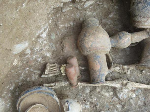 View of oenochoes (jugs) in situ showing Etrurian produced paintings dating from the 4th cent. BC