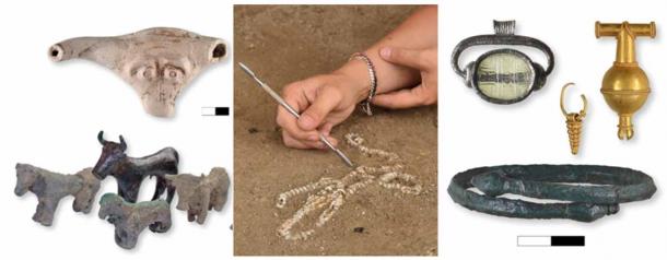 Some of the large variety of offerings and jewelry that have been found, including several bulls.  (ESAG)