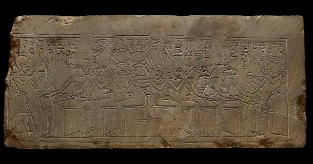 On the right of this image you see King Amenhotep I making an offering of ointment jars to Amen-Re‘ (here depicted as having a ram's head), Khnum, Satet and Anuket who are all enthroned behind a similar altar. (Trustees of the British Museum/CC BY NC SA 4.0)