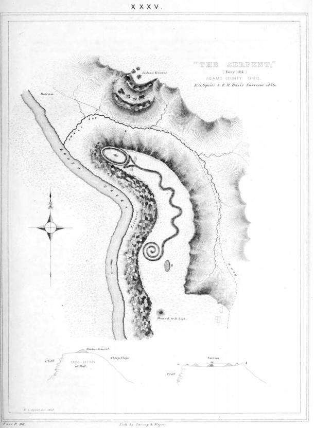 An old drawing of the Great Serpent Mound, Ohio. (Ephraim George Squier and Edwin Hamilton Davis