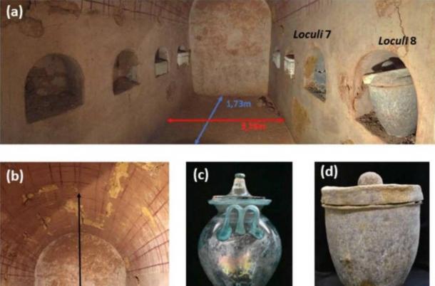 (a) and (b) Funeral chamber. (c) Urn in niche 8. (d) Lead case containing the urn