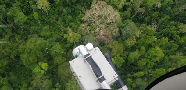 Top view of the lidar sensor mounted in the helicopter while scanning the tropical forest. (Jose Iriarte DAI /CC BY-NC-ND)