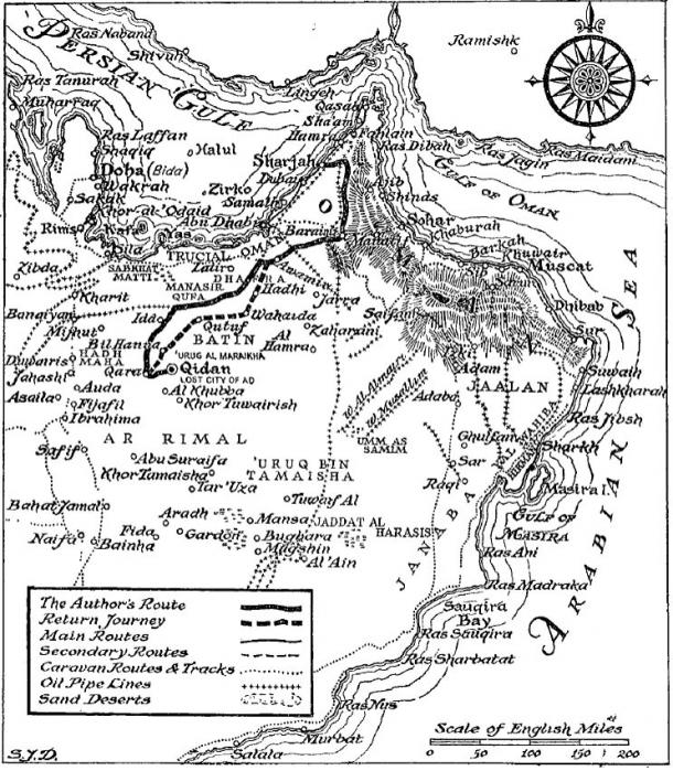 O’Shea’s original map of his journey and the location of the Lost City of ‘Ad. Image credit: The Sand Kings of Oman (1947)