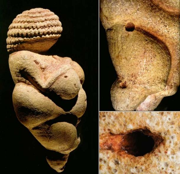 The original Venus from Willendorf. Left: lateral view. Right-top: hemispherical cavities on the right haunch and leg. Right bottom: existing hole enlarged to form the navel. (Lois Lammerhuber / Scientific Reports)