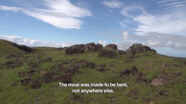 The original ahu, or platform, belonging to the Hoa Hakananai’a moai. Screenshot from the documentary. (The Spirit of the Ancestors / Mahatua Producciones)