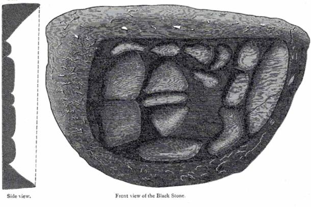 The location of Mecca very much relates to the original location of the Black Stone, which is a fragmented assembly of the “original” big black rock broken into pieces. The fragmented Black Stone as it appeared in the 1850s, front and side illustrations. (Public domain)