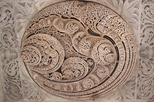 The ornate ceiling of Chaumukha