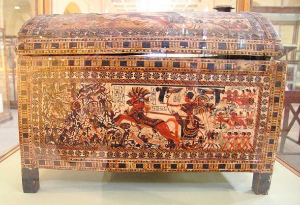 Ornate storage chest from the tomb treasure of King Tutankhamun, stuccoed and painted wood. Egyptian Museum, Cairo. (Djehouty / CC by SA 4.0)