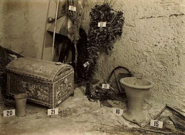 An ornate trunk and other objects found in Tutankhamun’s tomb. The items were numbered as part of the cataloguing process. It took 10 years to complete the cataloguing of the more than 5,000 artifacts found in the tomb. (Public Domain)