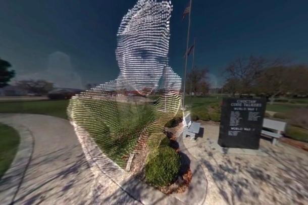 Hologram of a Choctaw soldiers superimposed on the Choctaw Code Talkers Monument in Antlers, Oklahoma. 