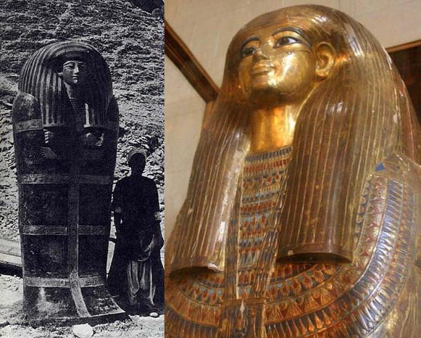 Yuya's large outer coffin as discovered in 1905 and the gold gilded third, innermost coffin of Tuya