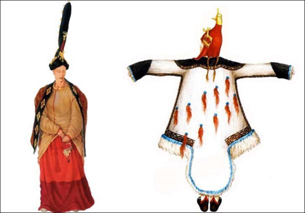 Reconstruction of Pazyryk woman's costume. Right, Pazyryk man's costume.
