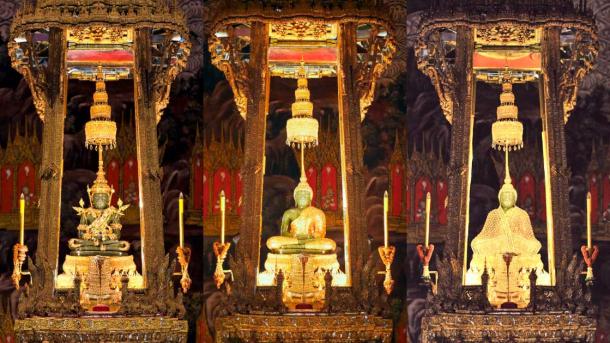 3 atuendos del histórico Buda Esmeralda, cuyas ropas cambia el Rey de Tailandia cada temporada. (Sodacan / CC BY SA 4.0)