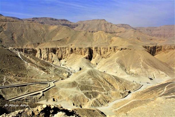 An overview of the Valley of the Kings as seen from one of the ancient workmen's pathways. The royal necropolis was plundered ruthlessly for golden treasures by the state.