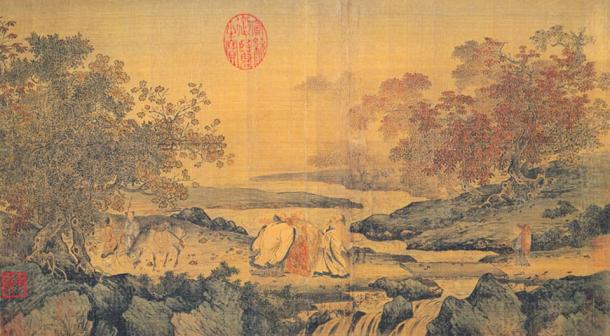 Painting entitled: Three laughing men by the Tiger stream. Depicting Lu Xiujing, Tao Hongjing and Huiyuan (founder of Pure Land). (12th Century)