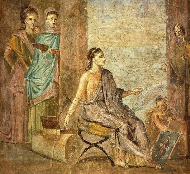 Woman, painting a statue of Priapus. Roman fresco from the Casa del Chirurgo in Pompeii. (Public Domain)