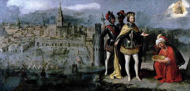 Pintura que representa la toma de Sevilla por Fernando III tras un largo asedio. Al fondo, las murallas de Sevilla