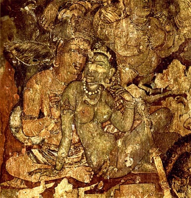 A painting in Ajanta Caves, Maharashtra, India depicting an amorous man and woman.