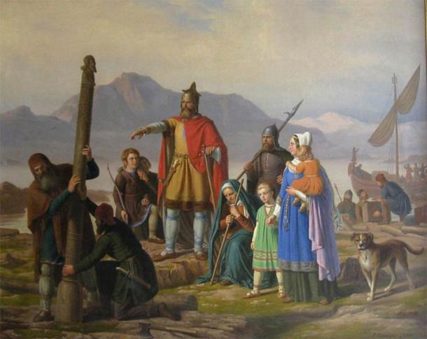 La pintura representa al primer colono de Islandia, recién llegado a Reykjavík. (Haukurth/dominio público)