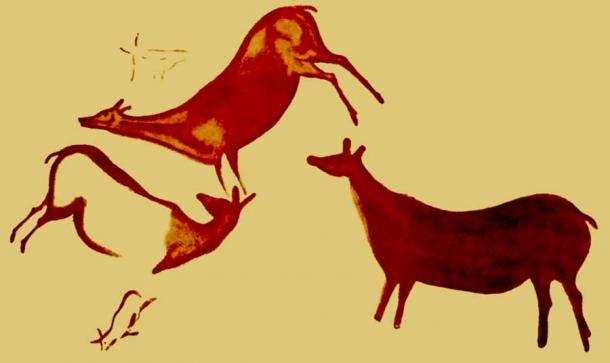 Neanderthal painting of deer painted in red ochre pigment from panel number 22, Gallery A (first sanctuary) of the La Pasiega Cave in Spain. At this writing the researchers are still trying to date this painting and it may also be as old as the Ardales Cave stalagmite Neanderthal painting. (Hugo Obermaier / Public domain)