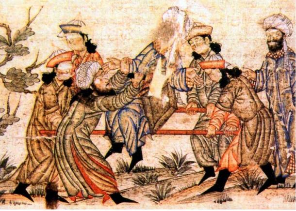 Pintura del siglo XIV del exitoso asesinato de Nizam al-Mulk, un visir o alto funcionario del Imperio Seljuk, por un asesino o fedayín, también conocido como Hashshashin. A menudo se considera el asesinato más significativo perpetrado por los nizaríes ismailíes. (Dominio publico)