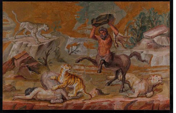 Esta pintura, "Batalla de Centauros y Bestias Salvajes," fue realizado para el comedor de la famosa villa del Palacio de Adriano entre los años 120 y 130 d.C. (Museo Altes / Dominio Público)