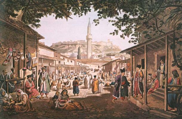 1821 painting of the Ottoman upper bazaar at Athens, Edward Dodwell (Public Domain)