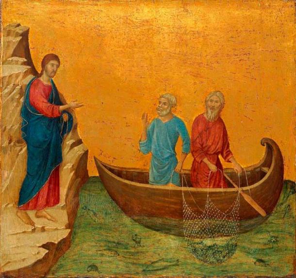 The early 14th-century painting Calling of the Apostles Peter and Andrew by Duccio di Buoninsegna that was originally part of the altar at the Siena Cathedral in Italy showing Jesus calling the apostles Peter and Andreas. (Duccio di Buoninsegna / Public domain)